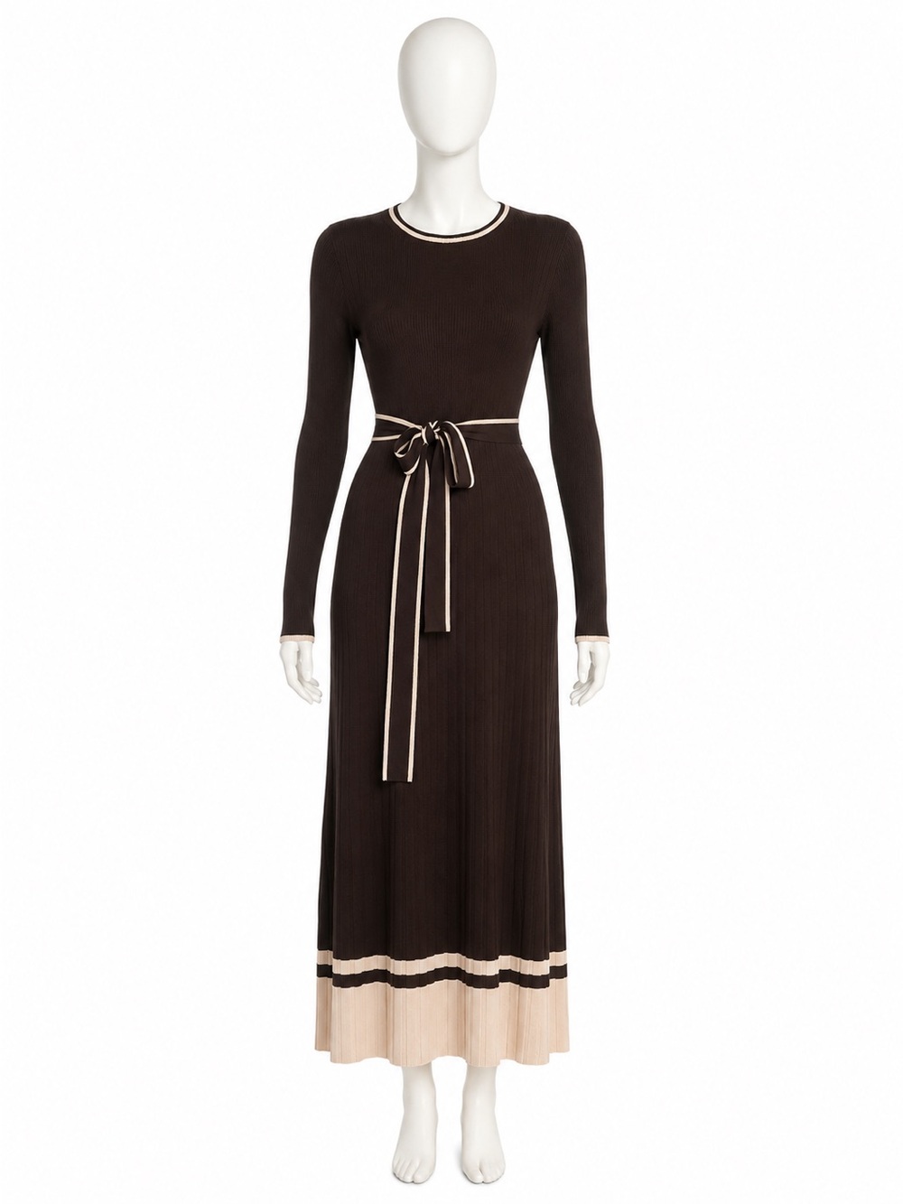 Chocolate Brown Long-Sleeve Maxi Dress with Contrast Trim and Waist Tie